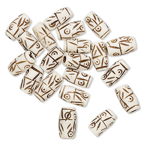 Bead, bone (natural), white and brown, 12x6mm carved barrel. Sold per pkg of 20.