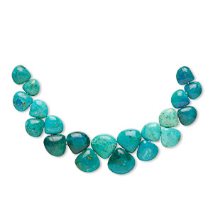 Bead, chrysocolla (stabilized), 9-12mm graduated hand-cut puffed teardrop, B+ grade, Mohs hardness 2 to 4. Sold per 4-inch strand, approximately 20 beads.