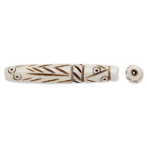 Bead, bone (dyed), brown and white, 1-1/2 inch hand-carved with line design, Mohs hardness 2-1/2. Sold per pkg of 10.