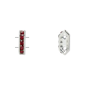 Spacer, glass rhinestone and silver-plated brass, garnet color, 11x2.5mm 2-strand bridge, fits up to 4.5mm bead. Sold per pkg of 10.