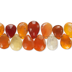 Bead, fire opal (natural), shaded, 7x5mm-10x7mm graduated hand-cut top-drilled faceted flat teardrop, B grade, Mohs hardness 5 to 6-1/2. Sold per 4-inch strand, approximately 25 beads.