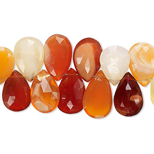 Bead, fire opal (natural), shaded, 9x6mm-12x8mm graduated hand-cut top-drilled faceted flat teardrop, B grade, Mohs hardness 5 to 6-1/2. Sold per 4-inch strand. approximately 20 beads.