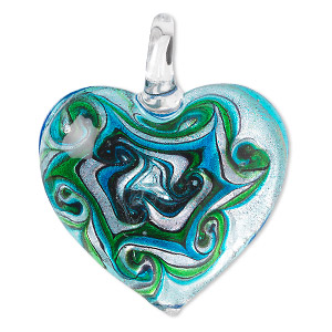 Pendant, lampworked glass, multicolored with silver-colored foil, 47x40mm single-sided puffed heart with swirled design. Sold individually.