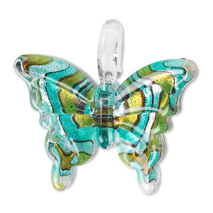 Pendant, lampworked glass, multicolored, 38x34mm single-sided butterfly with swirled design. Sold individually.