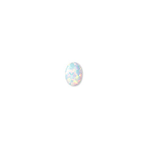 Cabochon, &quot;opal&quot; (silica and epoxy) (man-made), white, 7x5mm calibrated oval. Sold per pkg of 2.