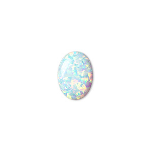 Cabochon, &quot;opal&quot; (silica and epoxy) (man-made), white, 14x10mm calibrated oval. Sold individually.
