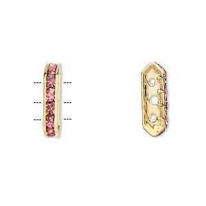 Spacer, glass rhinestone and gold-finished brass, rose, 16x3.5mm 3-strand bridge, fits up to 3.5mm bead. Sold per pkg of 10.