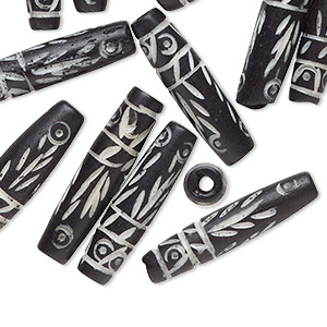 Bead, bone (dyed), black with white, 24.5x6mm carved tube, Mohs hardness 2-1/2. Sold per pkg of 20.