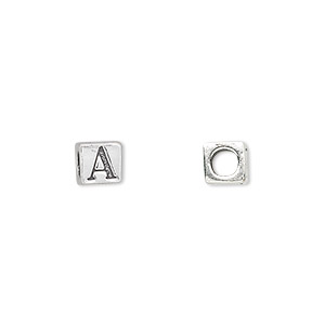 Bead, sterling silver, 5.5mm cube with alphabet letter &quot;A.&quot; Sold individually.