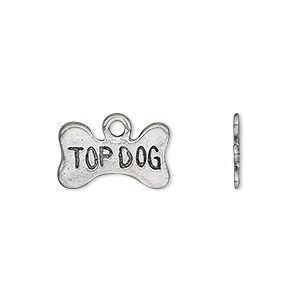 Charm, antiqued pewter (tin-based alloy), 16.5x10mm single-sided dog bone with &quot;TOP DOG.&quot; Sold per pkg of 4.