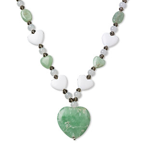 Necklace, amazonite (natural) / glass / imitation rhodium-plated steel, green / grey / white, 14x14mm / 17x17mm / 30x30mm heart, 19 inches with 2-inch extender chain and lobster claw clasp. Sold individually.