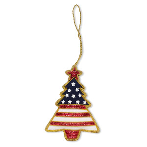 Ornament, gold-finished copper / velveteen / plastic, red / white / blue, 4-1/5x3 inch single-sided Christmas tree with stars and stripes design and glass beads. Sold individually.
