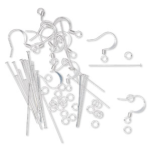 Earring finding set, silver-plated brass, (12) 16mm 22-gauge fishhook earwires, (24) 1-inch 22-gauge headpins, (24) 4mm round 22-gauge jumprings. Sold per set.