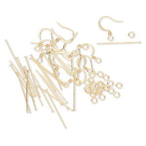 Earring finding assortment, gold-plated brass, (12) 16mm 22-gauge fishhook ear wires, (24) 1-1/8 inch 22-gauge head pins, (24) 4mm round 22-gauge jump rings. Sold per set.