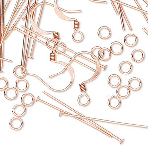 Earring finding assortment, copper-plated brass, (12) 16mm 22-gauge fishhook ear wires, (24) 1-1/8 inch 22-gauge head pins, (24) 4mm round 22-gauge jump rings. Sold per set.