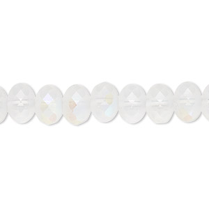 Bead, Czech fire-polished glass, translucent matte opal AB, 9x5mm faceted rondelle. Sold per 15-1/2&quot; to 16&quot; strand.