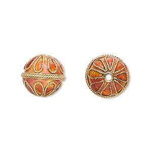 Bead, cloisonn&#233;, enamel and gold-finished copper, orange, 12mm round with teardrop design. Sold per pkg of 6.