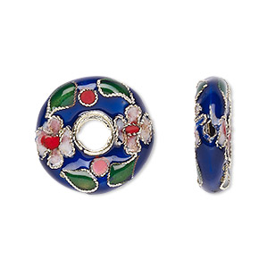 Bead, cloisonné, enamel and gold-finished brass, cobalt and ...