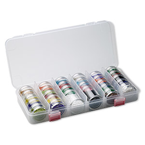 Seed bead starter set, clear plastic case with multicolored beads, 10-3/4 x 5 x 1-3/4 inch rectangle with 28 stackable jars, filled. Sold individually.