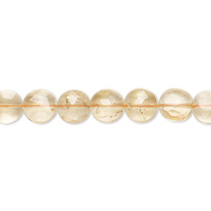 Bead, citrine (dyed / heated), 7mm hand-cut faceted puffed round, C grade, Mohs hardness 7. Sold per 15-1/2&quot; to 16&quot; strand.