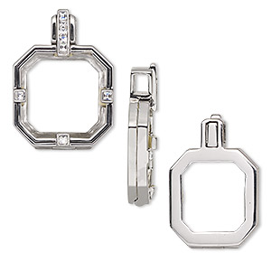 Pendant, Almost Instant Jewelry&reg;, silver-plated brass and rubber, crystal clear, 34x25.5mm single-sided hinged square with 23mm square setting. Sold individually.