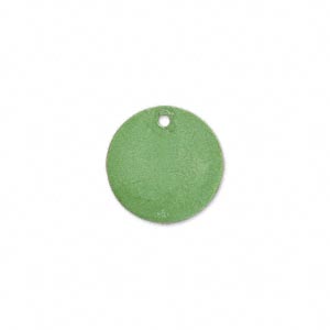 Drop, brass, bright green patina, Pantone&reg; color 17-0215, 15mm double-sided flat round. Sold per pkg of 6.