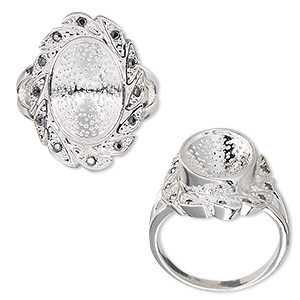 Ring, Almost Instant Jewelry&reg;, glass rhinestone and silver-plated &quot;pewter&quot; (zinc-based alloy), grey, 23.5mm wide with leaf design and 14x10mm oval setting, size 8. Sold individually.