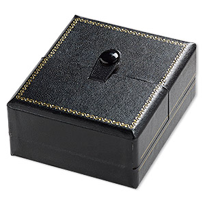 Box, bracelet / watch, leatherette / velvet / gold-finished steel, black and white, 3-1/2 x 3 x 1-1/2 inch rectangle with snap closure. Sold individually.