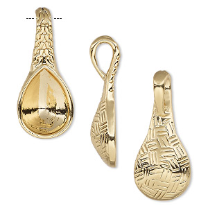 Pendant, Almost Instant Jewelry&reg;, gold-finished &quot;pewter&quot; (zinc-based alloy), 28x12mm two-sided textured teardrop with 14x10mm pear setting. Sold per pkg of 2.