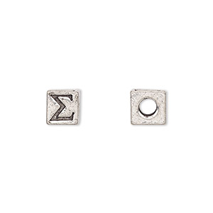 Bead, antiqued pewter (tin-based alloy), 7mm cube with Greek letter, SIGMA. Sold per pkg of 4.