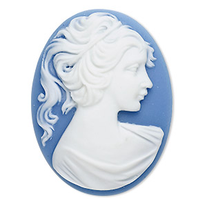 Cabochon, acrylic, white and blue, 40x30mm non-calibrated oval cameo with woman. Sold individually.