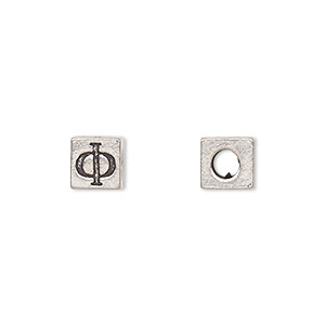 Bead, antiqued pewter (tin-based alloy), 7mm cube with Greek letter, PHI. Sold per pkg of 4.