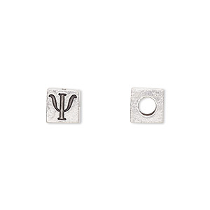 Bead, antiqued pewter (tin-based alloy), 7mm cube with Greek letter, PSI. Sold per pkg of 4.