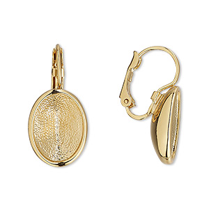 Ear wire, Almost Instant Jewelry&reg;, gold-finished brass and &quot;pewter&quot; (zinc-based alloy), 24mm leverback with 14x10mm oval setting. Sold per pair.