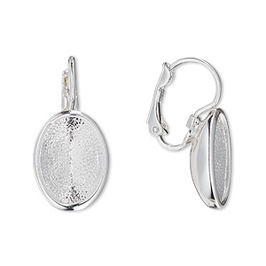 Ear wire, Almost Instant Jewelry&reg;, silver-plated brass and &quot;pewter&quot; (zinc-based alloy), 24mm leverback with 14x10mm oval setting. Sold per pair.