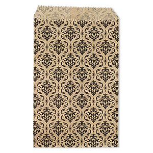 Bag, paper, brown and black, 6x4 inches with damask print and scalloped top edge. Sold per pkg of 100.