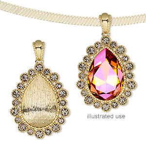 Pendant, Almost Instant Jewelry&reg;, crystals and gold-finished &quot;pewter&quot; (zinc-based alloy), black diamond, 44x35mm teardrop with 30x20mm pear setting. Sold individually.