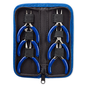 Pliers set, carbon steel and vinyl, blue, 3- to 4-inch mini with 8 x 3-1/4  x 1-inch case. Sold per 6-piece set. - Fire Mountain Gems and Beads