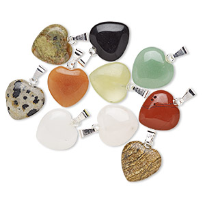Pendant mix, gemstone (natural) with gold-finished or silver-plated brass, 15x15mm heart. Sold per pkg of 10.