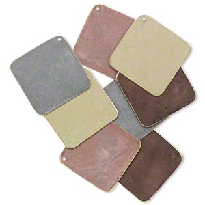 Focal, brass, assorted earth-tone patina, assorted Pantone&reg; colors, 40x40mm double-sided diamond. Sold per pkg of 8.
