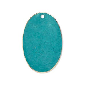 Focal, brass, bright teal patina, Pantone&reg; color 17-4818, 30x20mm double-sided oval. Sold per pkg of 6.