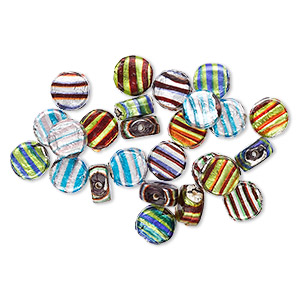 Bead mix, lampworked glass, mixed opaque colors with silver-colored foil, 15mm flat round. Sold per 100-gram pkg.