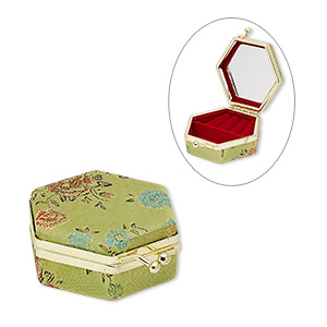 Box, polyester / velveteen / gold-finished steel, green / red / multicolored, 2-3/4 x 2-3/4 x 1-1/4 inch hinged hexagon with floral design and mirror. Sold individually.