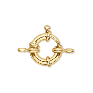 Clasp, springring, gold-finished brass, 15mm nautical design with loop. Sold per pkg of 10.