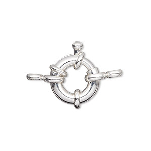 Clasp, springring, silver-finished brass, 15mm nautical design with loop. Sold per pkg of 10.