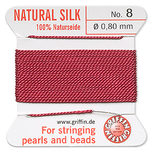 Thread, silk, garnet red, size #8. Sold per 2-yard card.