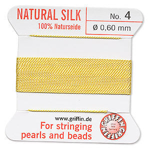 Thread, silk, yellow, size #4. Sold per 2-yard card.