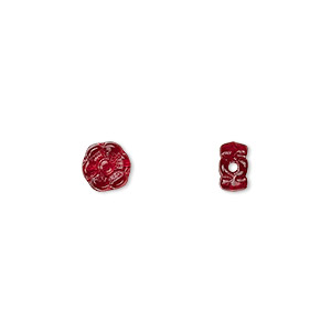 Bead, Czech pressed glass, ruby red, 7x7mm flower. Sold per 16-inch strand, approximately 65 beads.