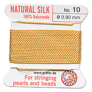Thread, silk, amber yellow, size #10. Sold per 2-yard card.