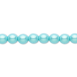 Bead, Czech glass druk, transparent aqua blue and glow-in-the-dark, 8mm  round. Sold per 8-inch strand, approximately 25 beads. - Fire Mountain Gems  and Beads